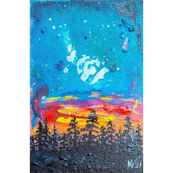 Other - Northern Lights Painting Pine Tree Original Art Canvas Painting 6x4 Fluid Artwor